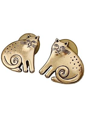 Vintage Laurel Burch Keshire Cat Gold Tone Pierced Earrings